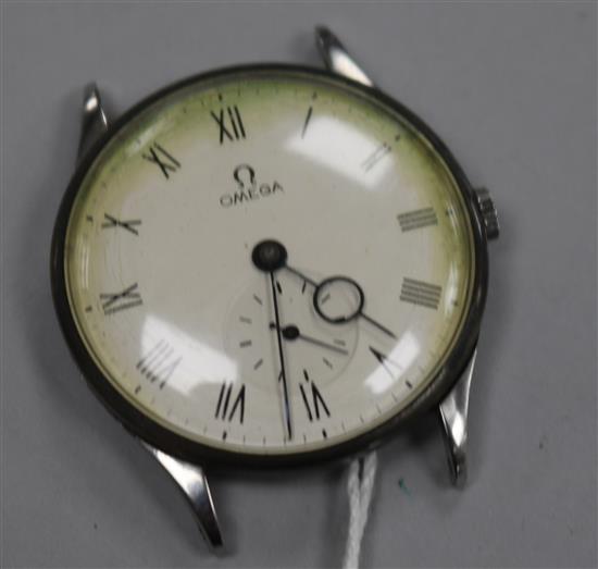 A gentlemans early 1940s stainless steel Omega manual wind wrist watch with Roman dial and subsidiary seconds,